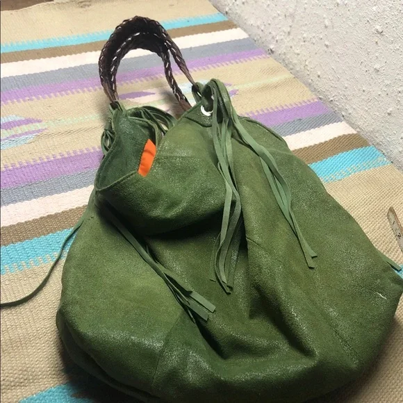 Tano Olive Green Suede Fringe Hobo Bag with Leather Handles 💚🧡 - Picture 5 of 12